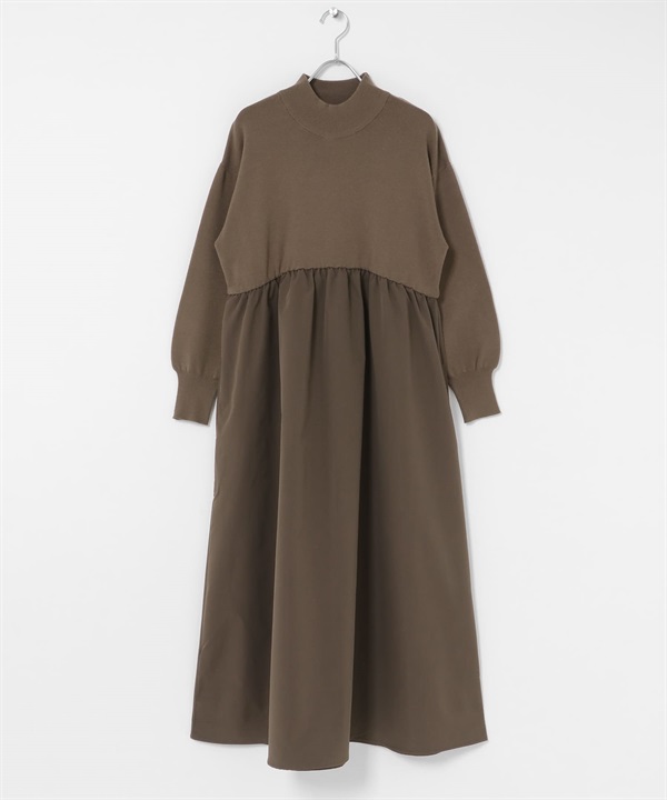 微高領拼接針織洋裝(棕色-FREE-BROWN)