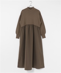 微高領拼接針織洋裝(棕色-FREE-BROWN)