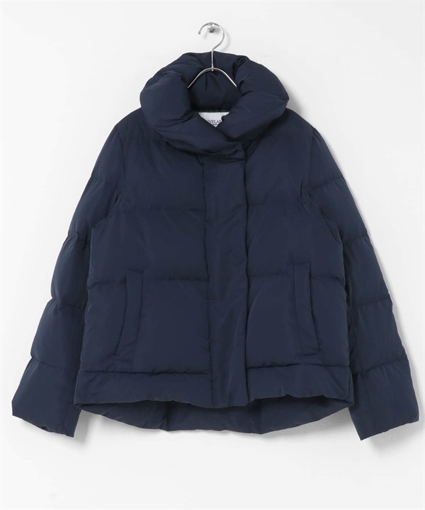 防潑水新月領中長版羽絨大衣(藏青色-FREE-NAVY)