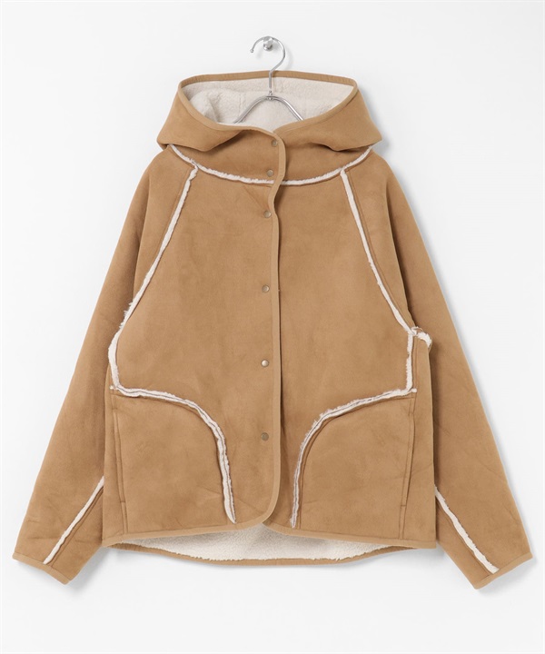 雙面穿仿羊皮連帽大衣(米色x駝色-36-OFF WHITE)