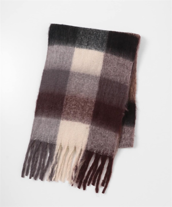 絨毛蓬鬆格紋圍巾(棕色系-one-其他棕色)