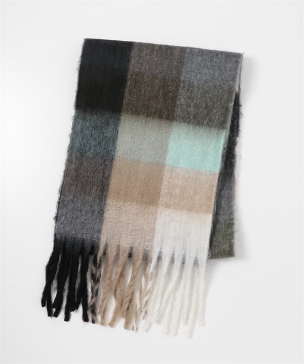 絨毛蓬鬆格紋圍巾(綠色系-one-其他綠色)