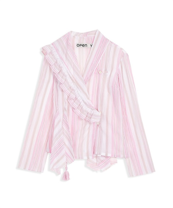 OPEN YY / UNBALANCED RUFFLE STRIPE BLOUSE(粉紅色-S-LIGHT PINK)