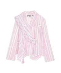 OPEN YY / UNBALANCED RUFFLE STRIPE BLOUSE(粉紅色-S-LIGHT PINK)