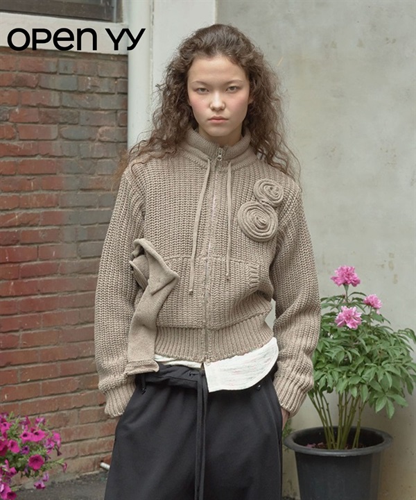 OPEN YY / APPLIQUÉ KNIT ZIPUP JACKET