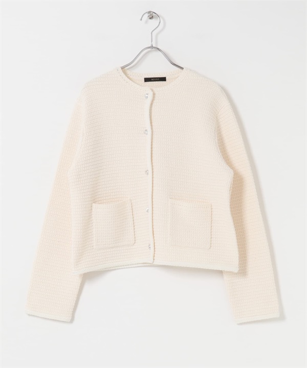 粗花呢針織無領夾克(米色-FREE-OFF WHITE)