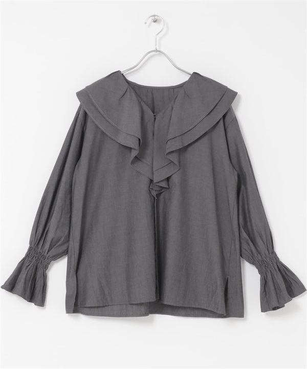 V領荷葉邊透膚牛仔罩衫(深藏青色-FREE-NAVY)