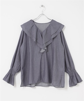 V領荷葉邊透膚牛仔罩衫(靛青色-FREE-INDIGO BLUE)