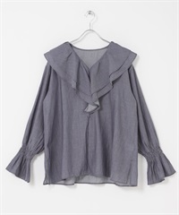 V領荷葉邊透膚牛仔罩衫(靛青色-FREE-INDIGO BLUE)