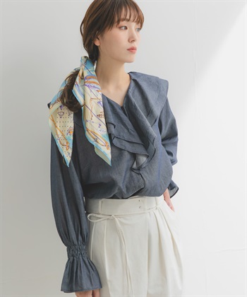 V領荷葉邊透膚牛仔罩衫