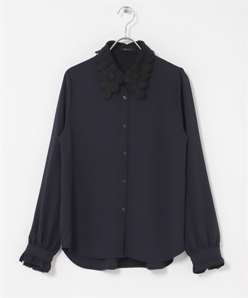 蕾絲領罩衫(藏青色-FREE-NAVY)