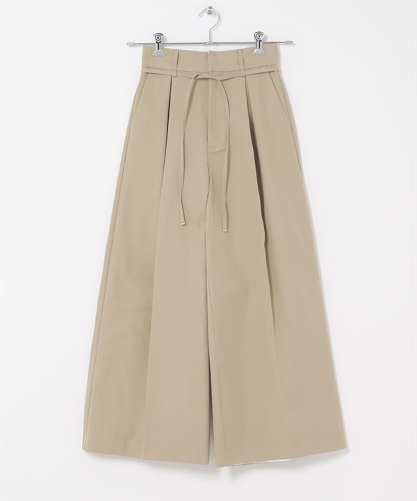 腰帶設計棉質斜紋寬褲(膚色-38-BEIGE)