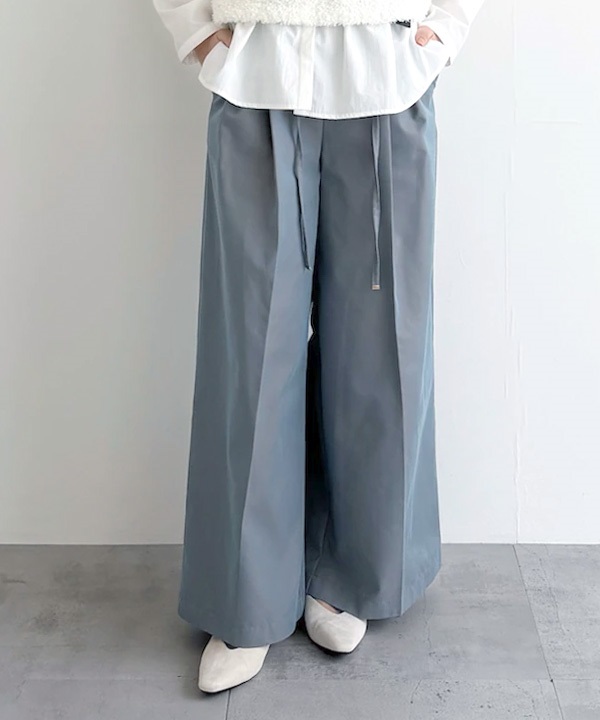 腰帶設計棉質斜紋寬褲