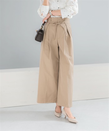 腰帶設計棉質斜紋寬褲