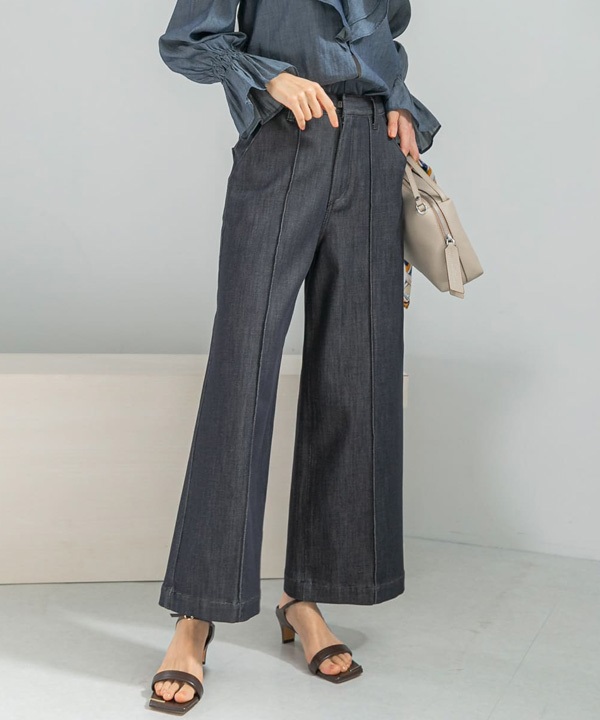 細褶彈性牛仔寬褲