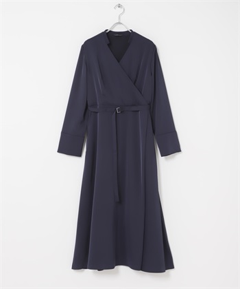 腰帶設計圍裹式洋裝(藏青色-FREE-NAVY)