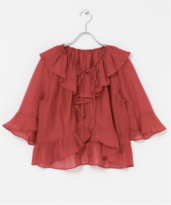 透膚荷葉邊罩衫(紅色-FREE-RED)