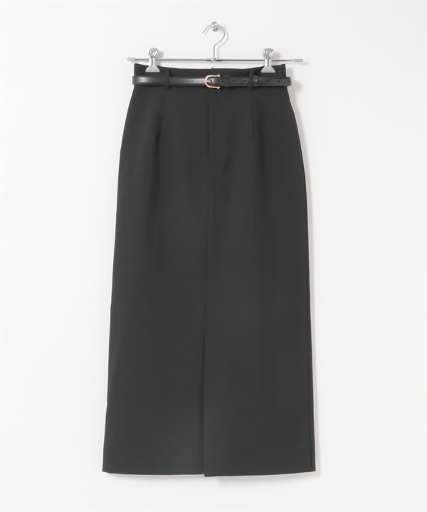 附皮帶斜紋彈性直筒裙(黑色-38-BLACK)