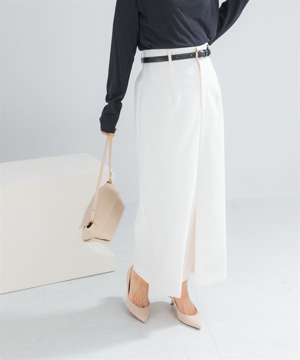 附皮帶斜紋彈性直筒裙