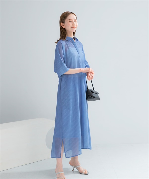 透膚五分袖襯衫洋裝(附襯裙)