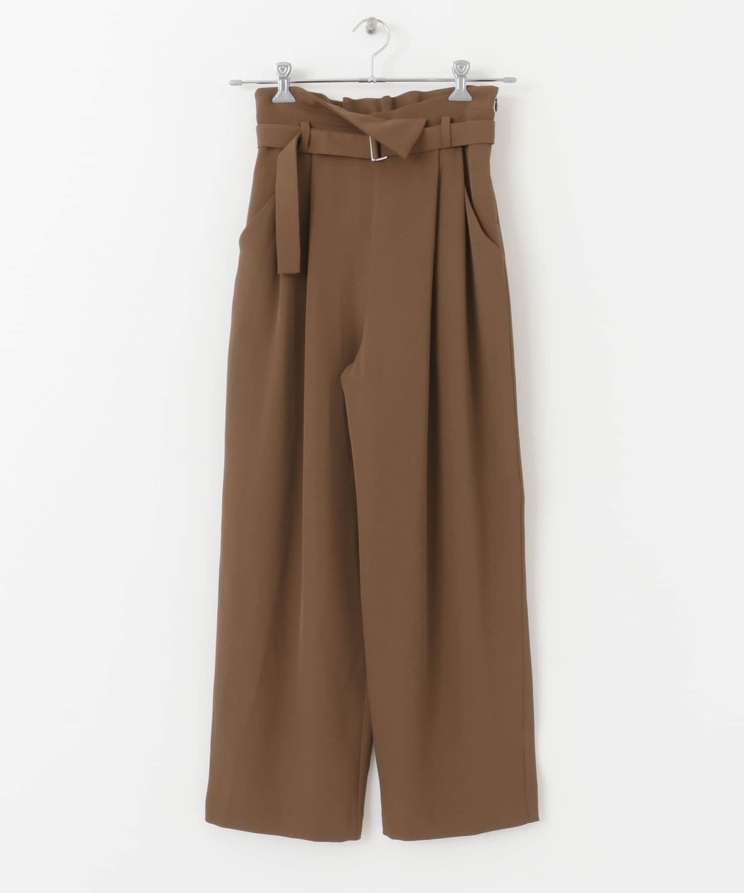 腰帶設計高腰褲(棕色-FREE-BROWN)