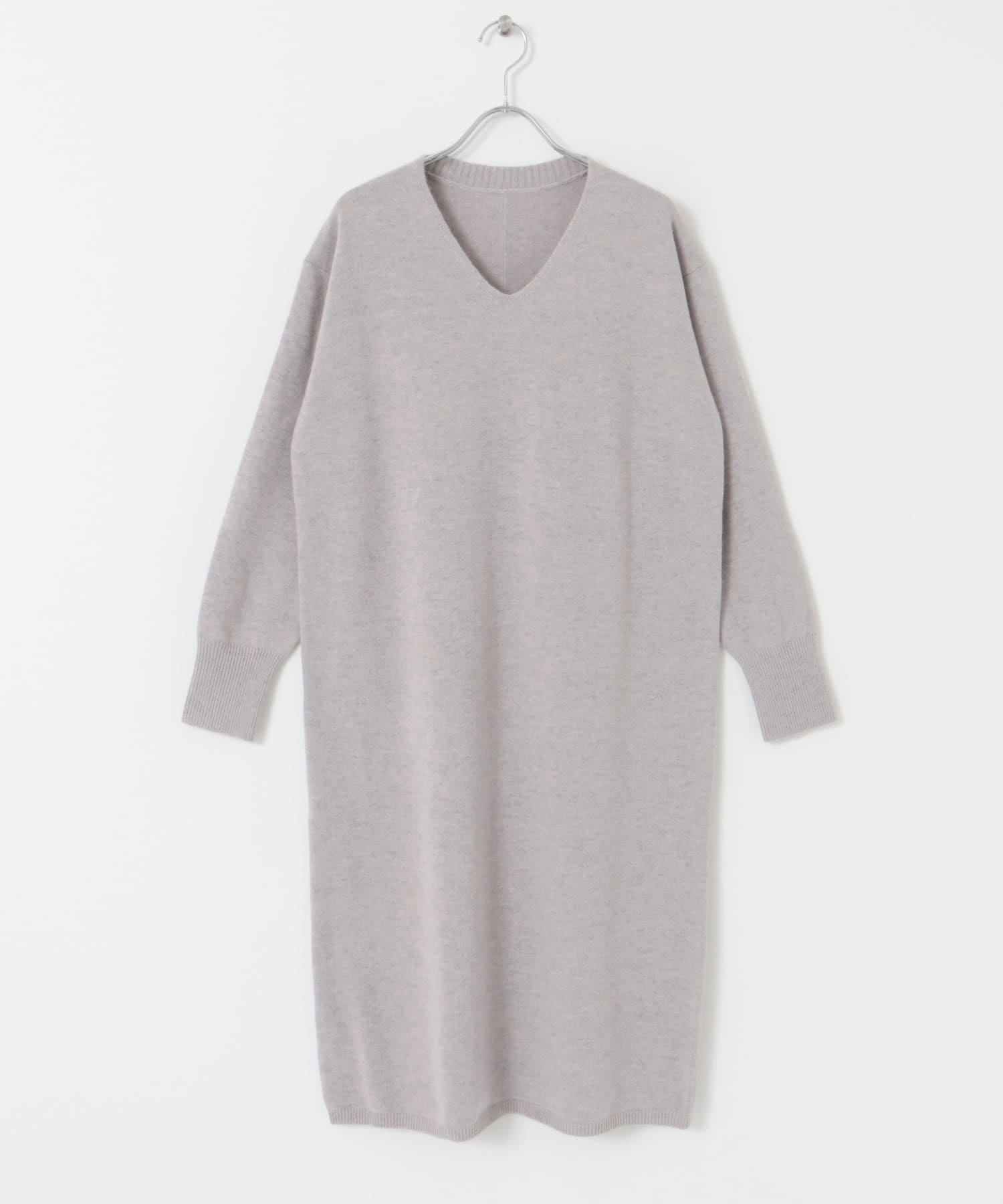 混喀什米爾羔羊毛V領針織洋裝(灰色-FREE-GRAY)