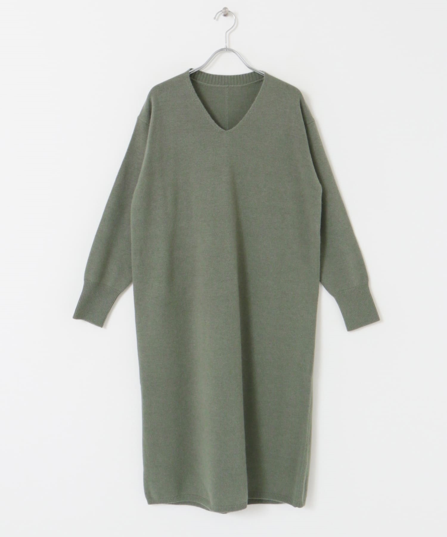 混喀什米爾羔羊毛V領針織洋裝(綠色-FREE-GREEN)