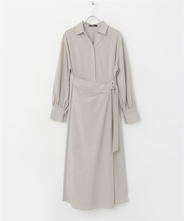 圍裹式設計V字領緣洋裝(灰膚色-FREE-其他灰色)