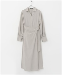 圍裹式設計V字領緣洋裝(灰膚色-FREE-其他灰色)