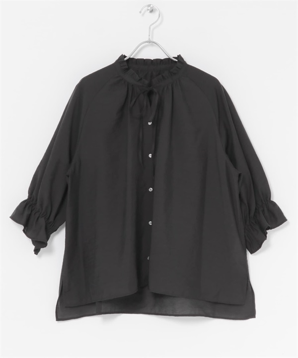 涼感微透膚荷葉邊罩衫(黑色-FREE-BLACK)