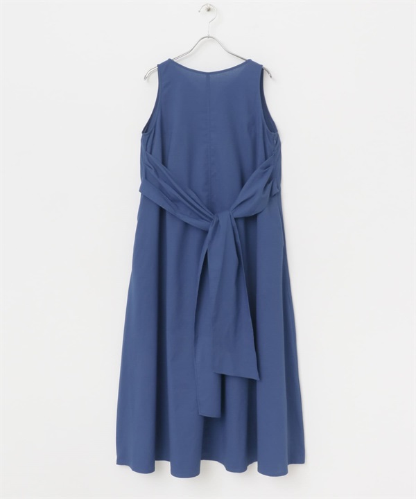 混麻料蝴蝶結洋裝(藍色-FREE-BLUE)