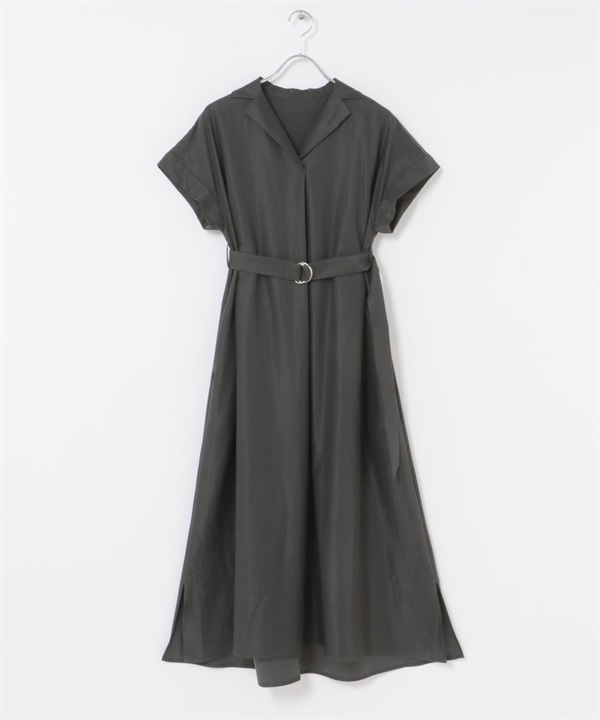 腰帶設計開領洋裝(炭灰色-FREE-CHARCOAL GRAY)