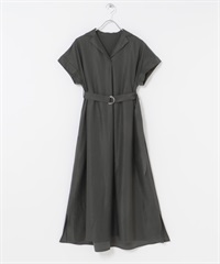 腰帶設計開領洋裝(炭灰色-FREE-CHARCOAL GRAY)
