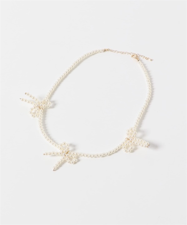 蝴蝶結珍珠短項鍊(白色-FREE-WHITE)