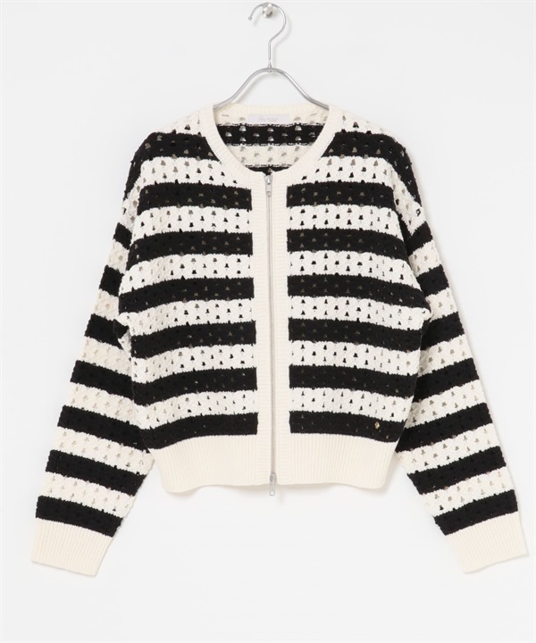 F by ROSSO 鏤空織紋拉鍊開襟衫(米色x黑色-FREE-其他白色)