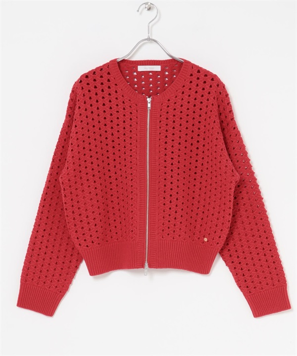 F by ROSSO 鏤空織紋拉鍊開襟衫(紅色-FREE-RED)