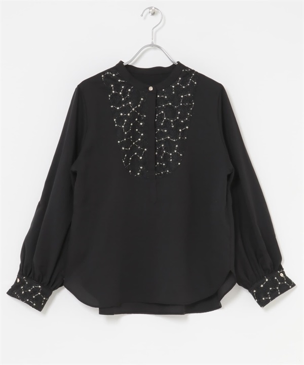 可水洗花樣刺繡蕾絲罩衫(黑色-FREE-BLACK)