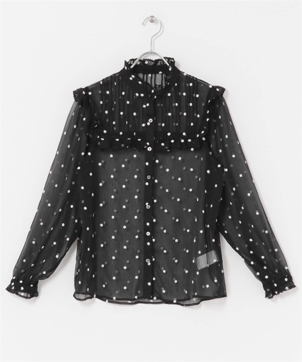 花樣刺繡荷葉領罩衫(黑色-FREE-BLACK)