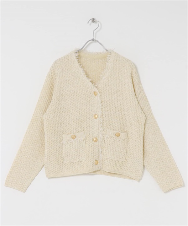 粗花呢V領開襟衫(米白色-FREE-OFF WHITE)