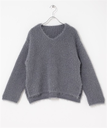 絨毛V領針織衫(灰色-Free-GRAY)
