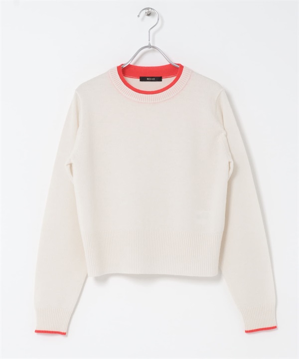 混喀什米爾配色設計短版針織衫(米色x橘色-FREE-其他白色)