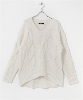 羊毛混喀什米爾麻花針織衫(米色-Free-OFF WHITE)