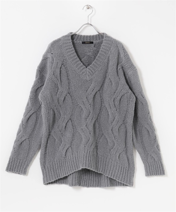 羊毛混喀什米爾麻花針織衫(灰色-Free-其他灰色)