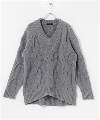 羊毛混喀什米爾麻花針織衫(灰色-Free-其他灰色)