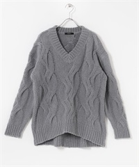 羊毛混喀什米爾麻花針織衫(灰色-Free-其他灰色)