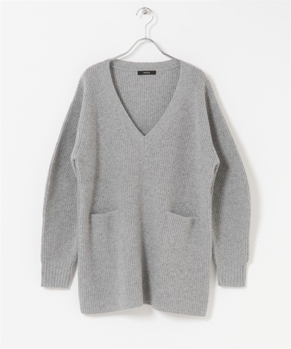 混羊駝毛蓬袖V領長版針織衫(灰色-FREE-GRAY)
