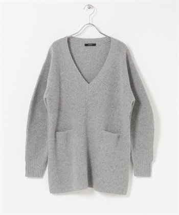 混羊駝毛蓬袖V領長版針織衫(灰色-FREE-GRAY)