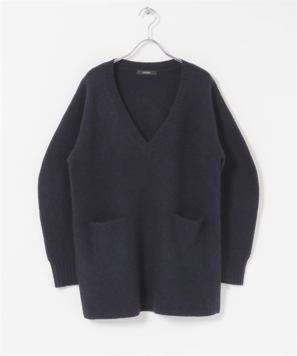 混羊駝毛蓬袖V領長版針織衫(藏青色-FREE-NAVY)