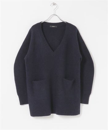 混羊駝毛蓬袖V領長版針織衫(藏青色-FREE-NAVY)