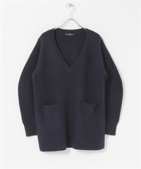 混羊駝毛蓬袖V領長版針織衫(藏青色-FREE-NAVY)